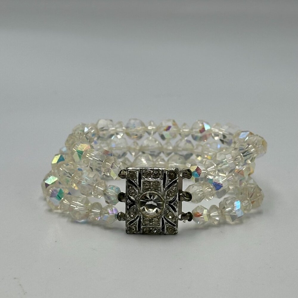 Vintage Aurora Borealis Glass Bracelet Multi Strand Clear Crystal Beads Art Deco - Picture 6 of 12
